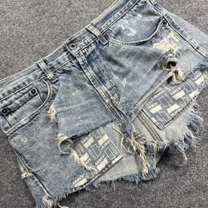 Levi's 527 Distressed Denim Cutoff Shorts W32  Blue Frayed Hem Patchwork‎